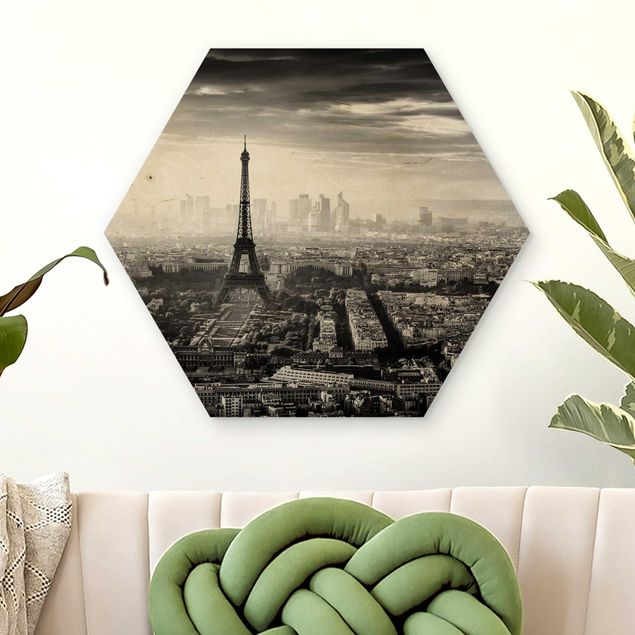 Wooden hexagon - The Eiffel Tower From Above Black And White