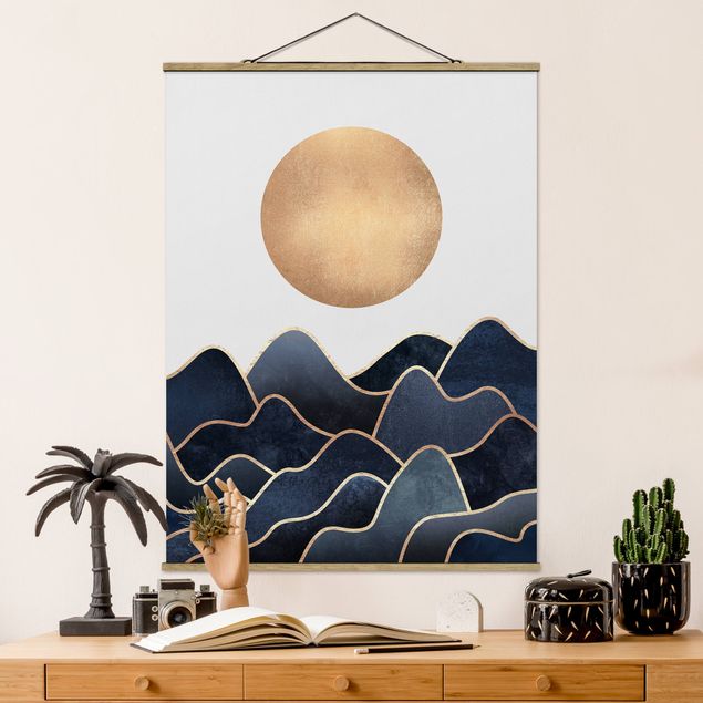 Fabric print with poster hangers - Golden Sun Blue Waves