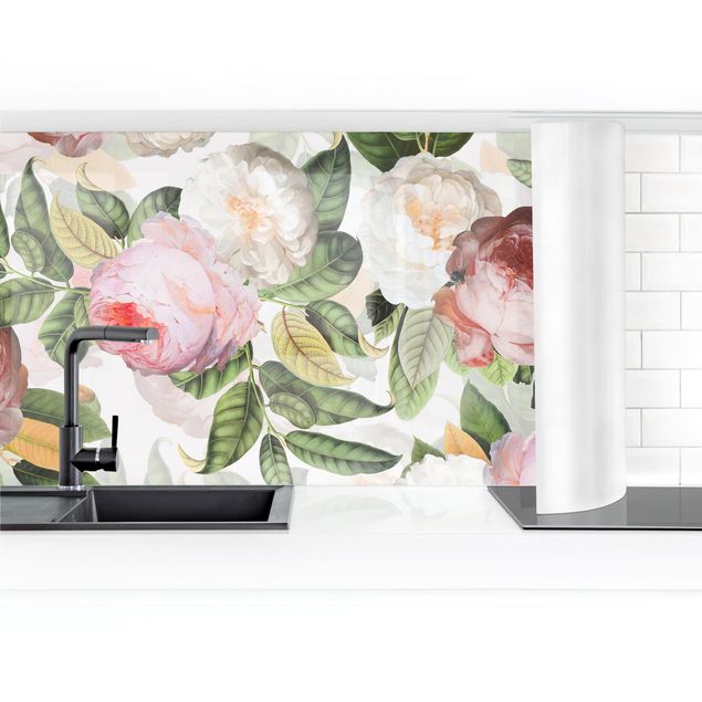 Kitchen wall cladding - Peonies With Leaves