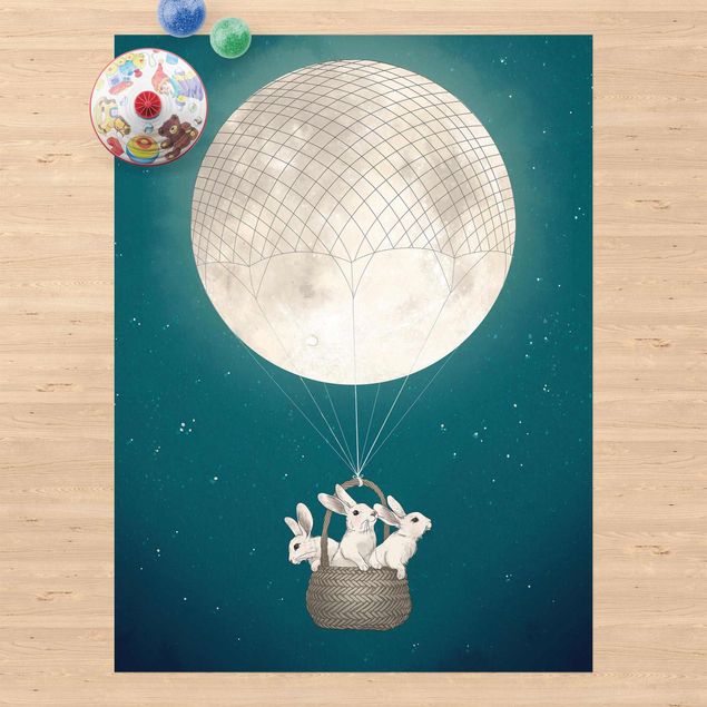 Balcony rugs Illustration Rabbits Moon As Hot-Air Balloon Starry Sky
