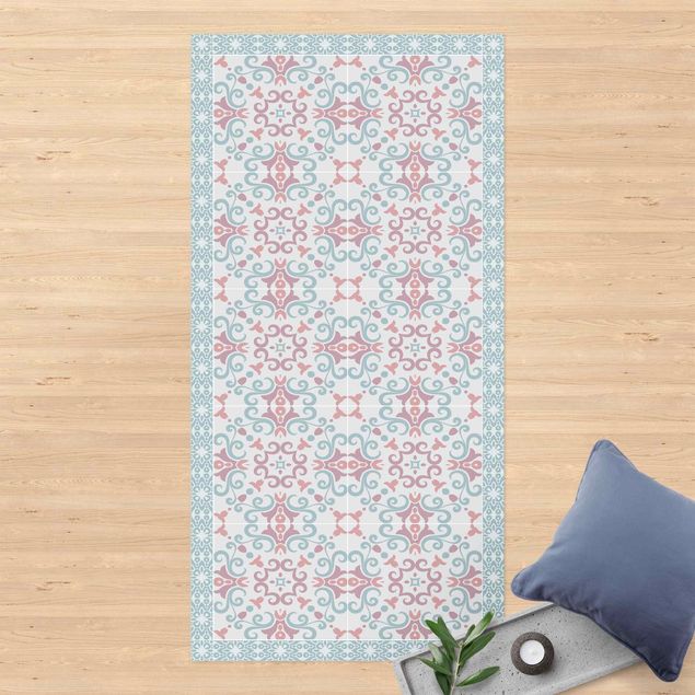 Balcony rugs Floral Tiles Bluish Purple Folklore With Border