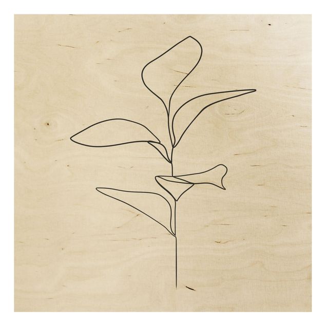 Print on wood - Line Art Plant Leaves Black And White