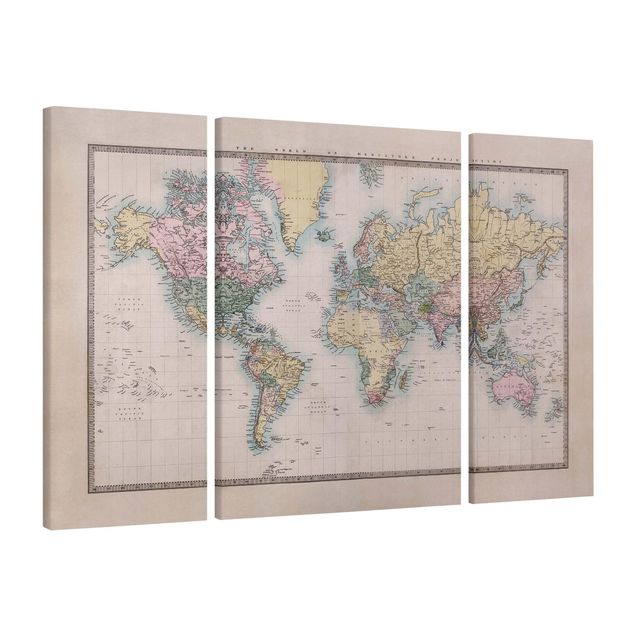Print on canvas 3 parts - Vintage World Map Around 1850