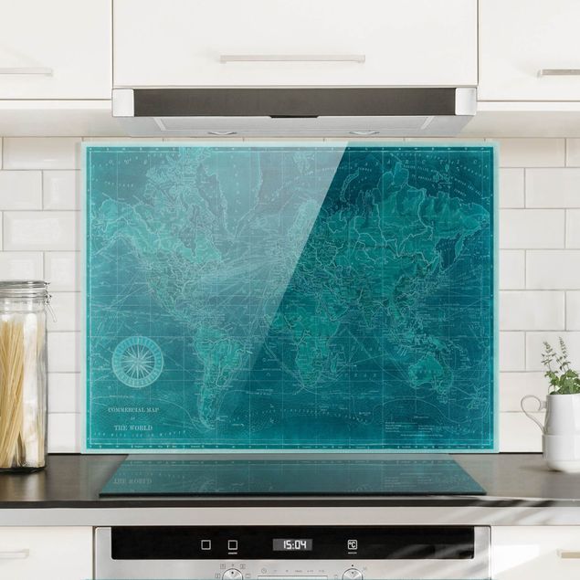 Glass splashback kitchen Vintage World Map Azure