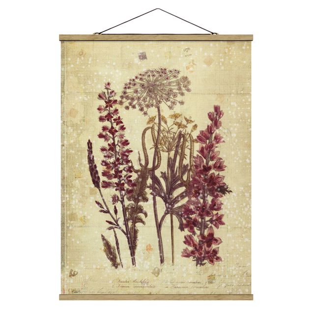 Fabric print with poster hangers - Vintage Linen Look Flowers