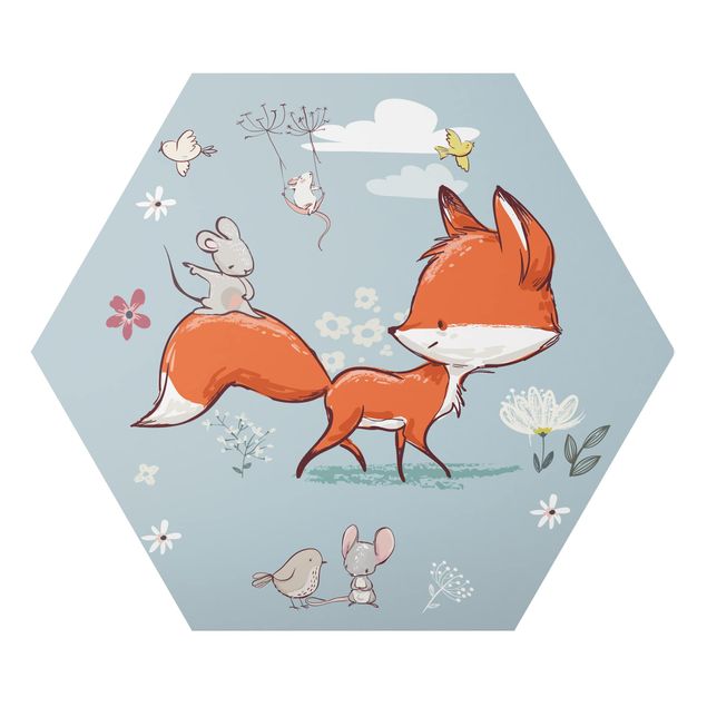 Alu-Dibond hexagon - Fox And Mouse On The Move