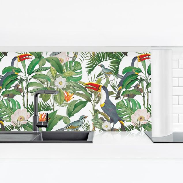 Kitchen splashback patterns Tropical Toucan With Monstera And Palm Leaves