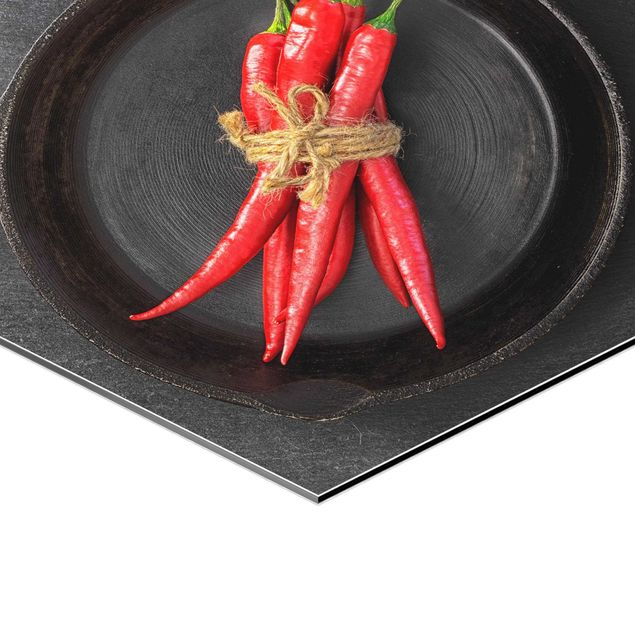 Alu-Dibond hexagon - Red Chili Bundles In Pan On Slate