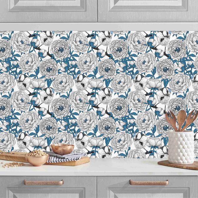 Kitchen splashback flower Peonies And Tomtits In White And Blue