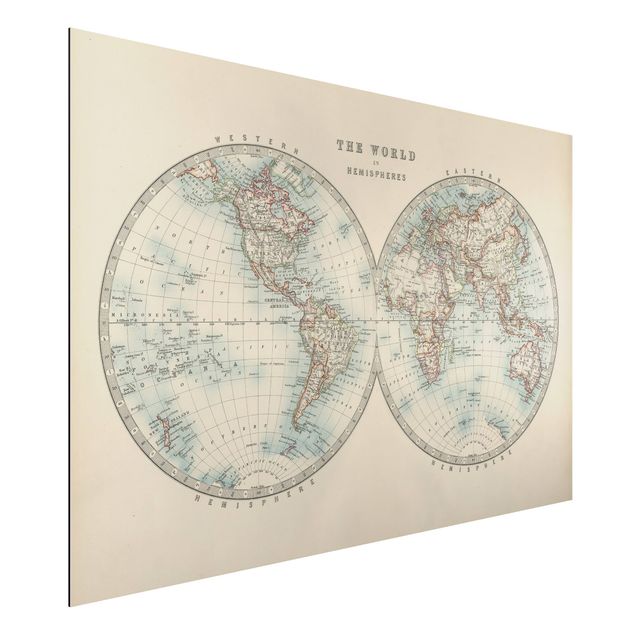 Alu dibond Vintage World Map The Two Hemispheres