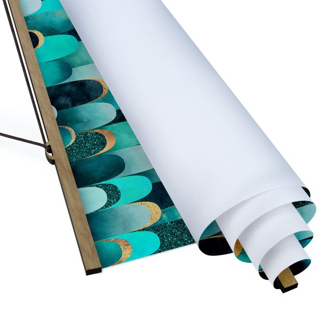 Fabric print with poster hangers - Feathers Gold Turquoise