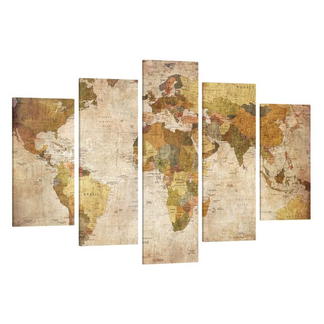 Print on canvas 5 parts - World map
