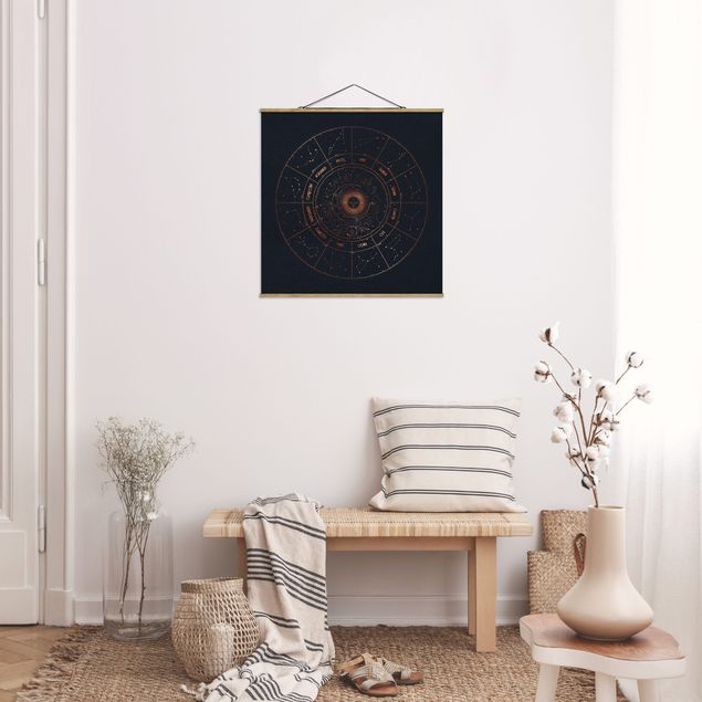 Fabric print with poster hangers - Astrology The 12 Zodiak Signs Blue Gold