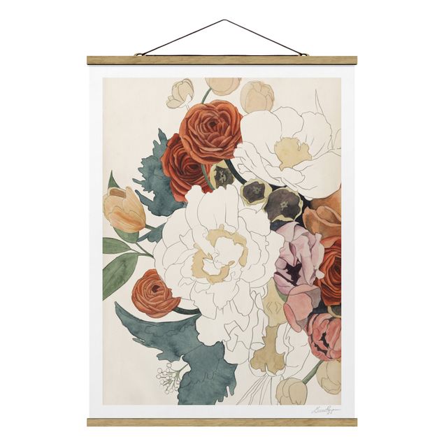 Fabric print with poster hangers - Drawing Bouquet Of Flowers In Red And Sepia