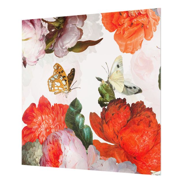 Splashback - Red Flowers With Butterflies - Square 1:1