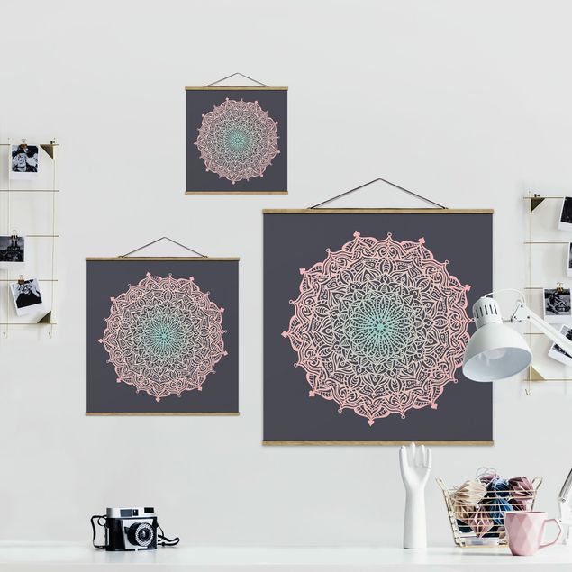 Fabric print with poster hangers - Mandala Ornament In Rose And Blue