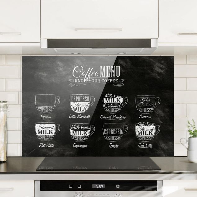 Glass splashback baking and coffee Coffee Varieties Chalkboard