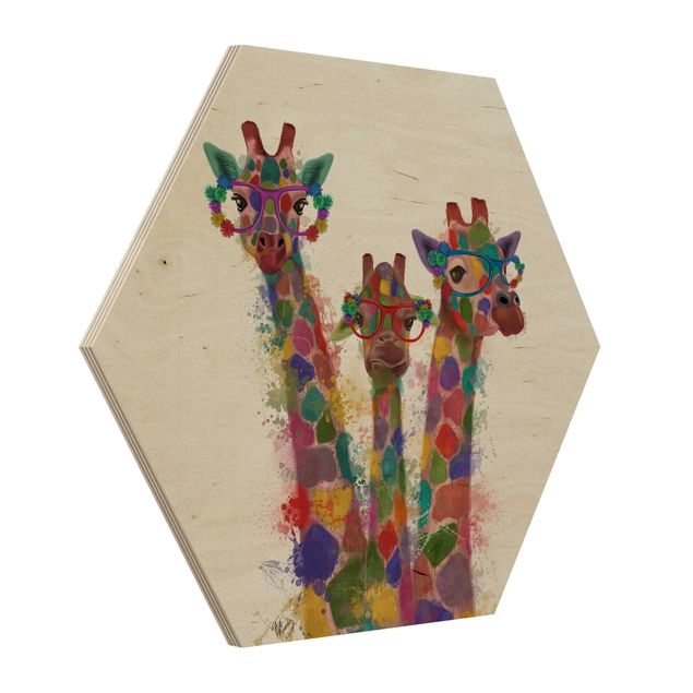 Wooden hexagon - Rainbow Splash Giraffe Trio