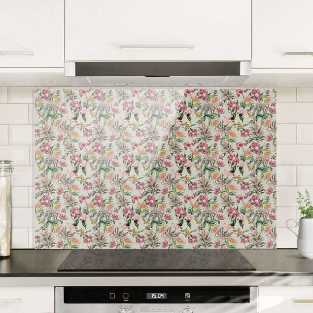Patterned glass splashbacks Tropical Flowers In Front Of Mint