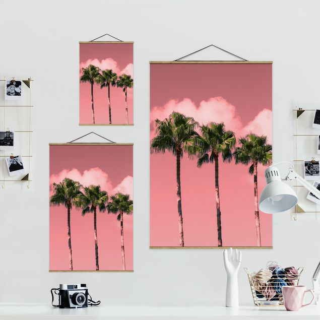 Fabric print with poster hangers - Palm Trees Against Sky Pink