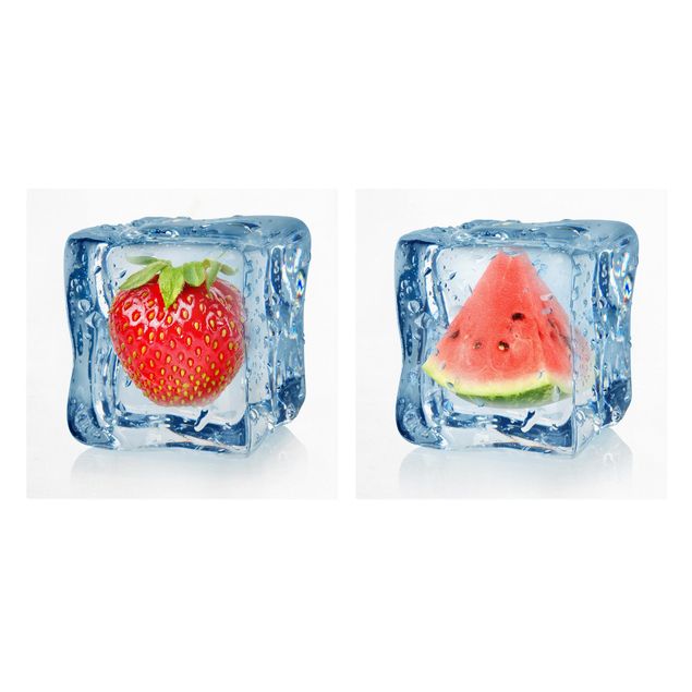 Print on canvas 2 parts - Strawberry and melon in the ice cube