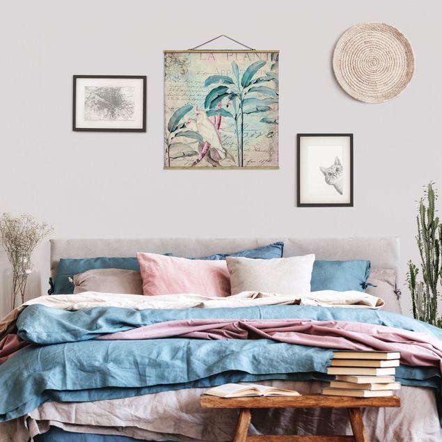 Fabric print with poster hangers - Colonial Style Collage - Cockatoos And Palm Trees