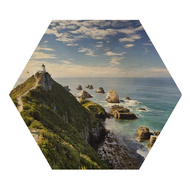 Wooden hexagon - Nugget Point Lighthouse And Sea New Zealand