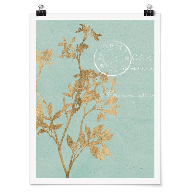 Poster flowers - Golden Leaves On Turquoise I