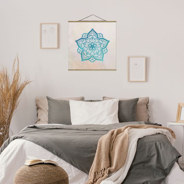Fabric print with poster hangers - Mandala Hamsa Hand Lotus Set Gold Blue