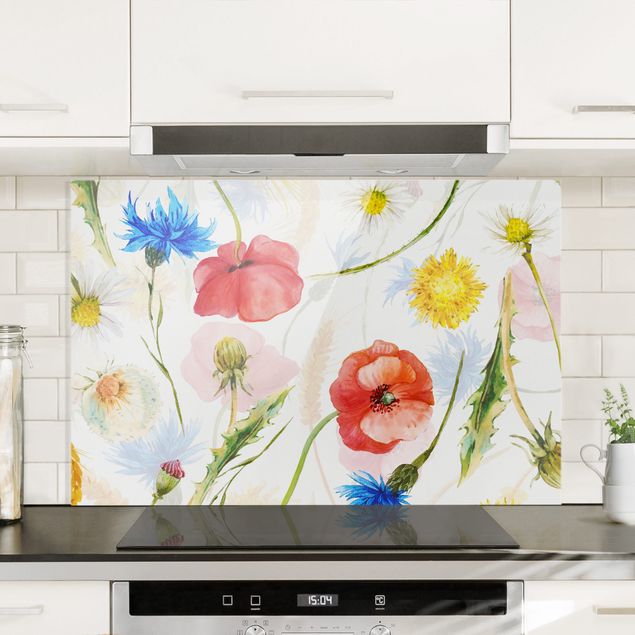 Patterned glass splashbacks Watercolour Wild Flowers With Poppies