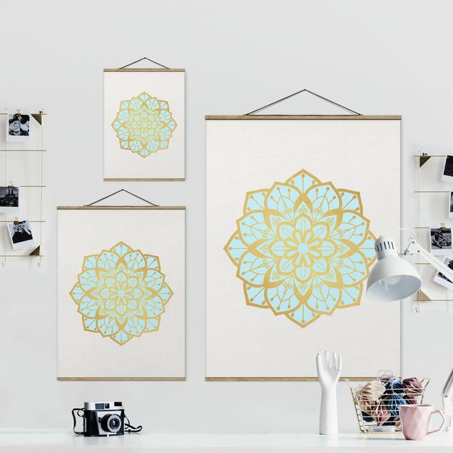 Fabric print with poster hangers - Mandala Illustration Flower Light Blue Gold