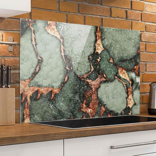Patterned glass splashbacks Play Of Colours Fern-Green and Gold