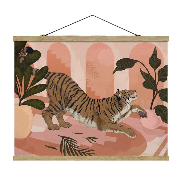 Fabric print with poster hangers - Illustration Tiger In Pastel Pink Painting