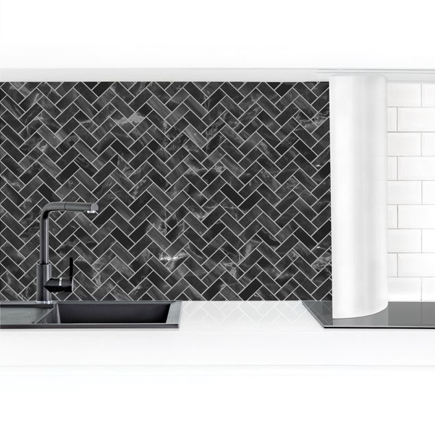 Kitchen wall cladding - Marble Fish Bone Tiles - Black