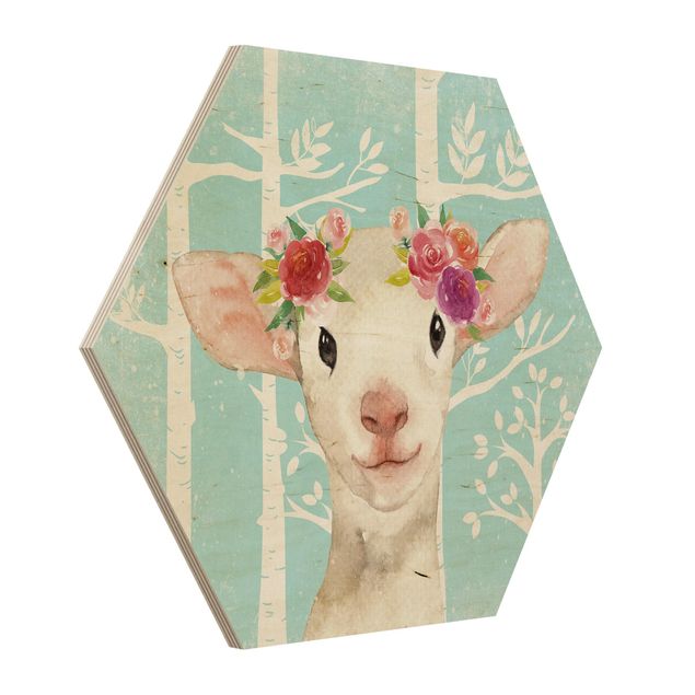 Hexagon Picture Wood - Watercolor Sheep Turquoise