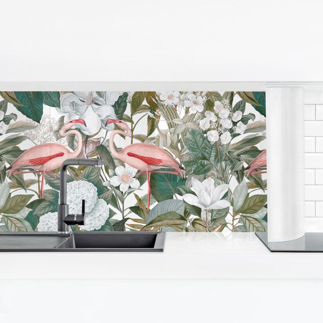 Kitchen splashback patterns Pink Flamingos With Leaves And White Flowers