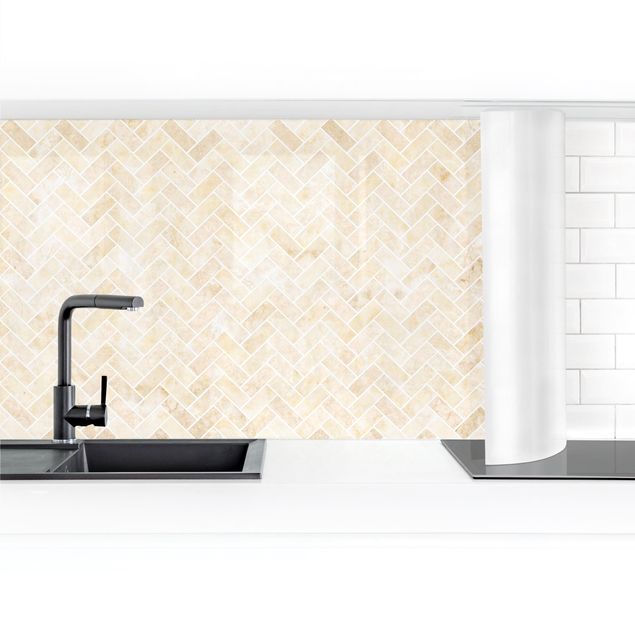 Kitchen wall cladding - Marble Fish Bone Tiles - Sand Light-Coloured  Joints