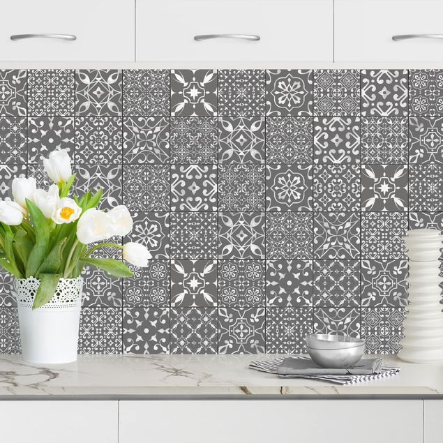 Kitchen splashback patterns Patterned Tiles Dark Gray White
