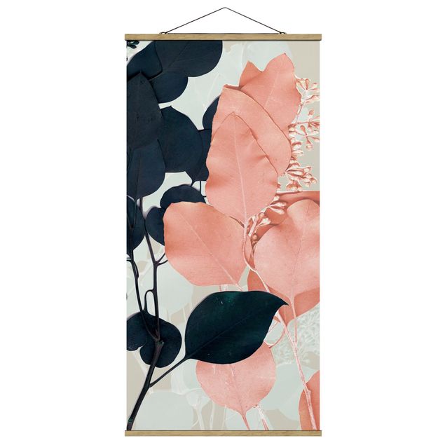 Fabric print with poster hangers - Leaves Indigo & Rouge I