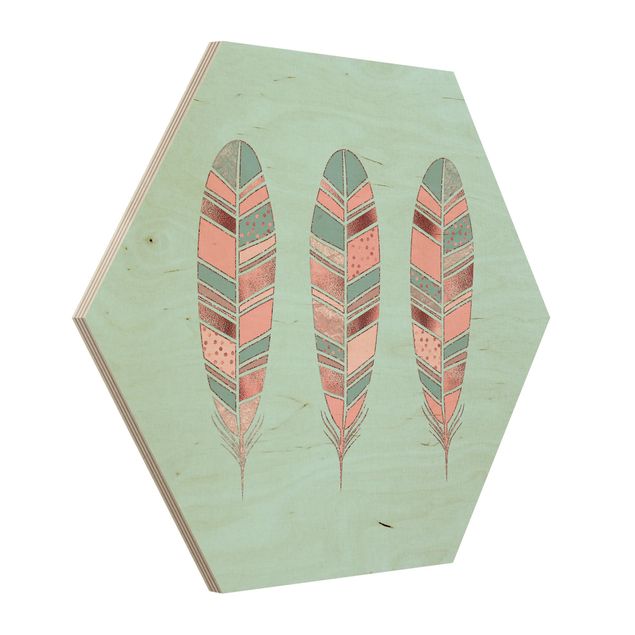 Hexagon Picture Wood - Three Feathers Copper Gold Points