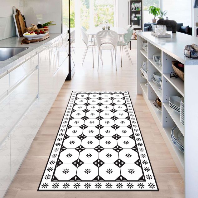 Runner rugs Geometrical Tiles Cottage Black And White With Border