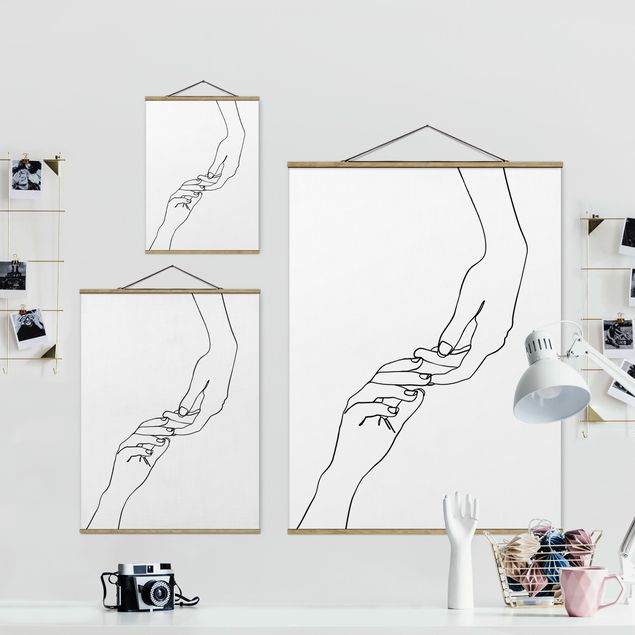 Fabric print with poster hangers - Line Art Hands Touching Black And White