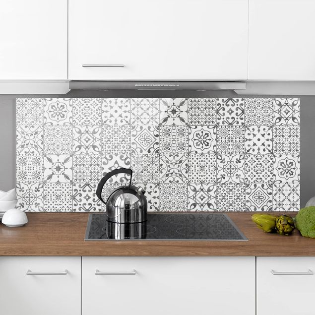 Glass splashback kitchen tiles Patterned Tiles Gray White