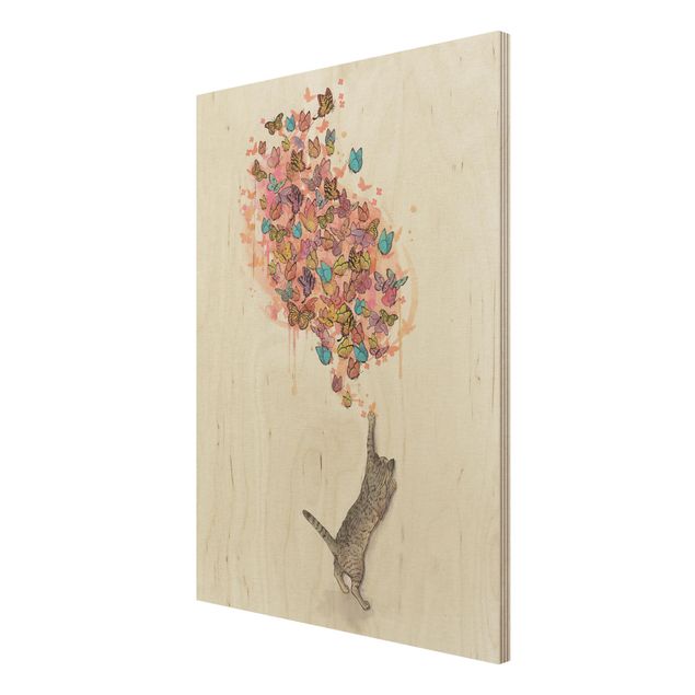 Print on wood - Illustration Cat With Colourful Butterflies Painting