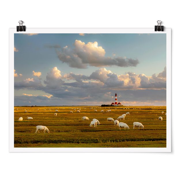 Poster - North Sea Lighthouse With Flock Of Sheep