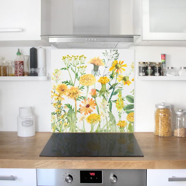 Glass splashback art print Watercolour Flower Meadow In Gelb