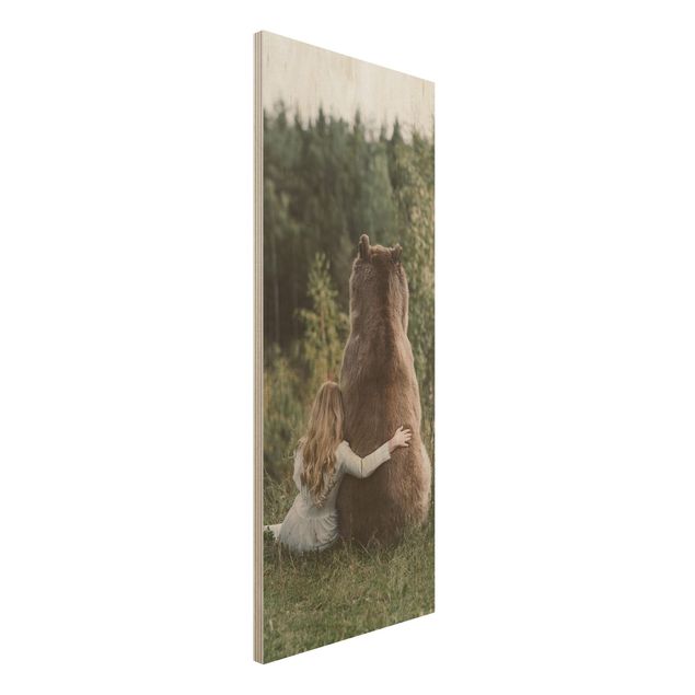 Wood print - Girl With Brown Bear