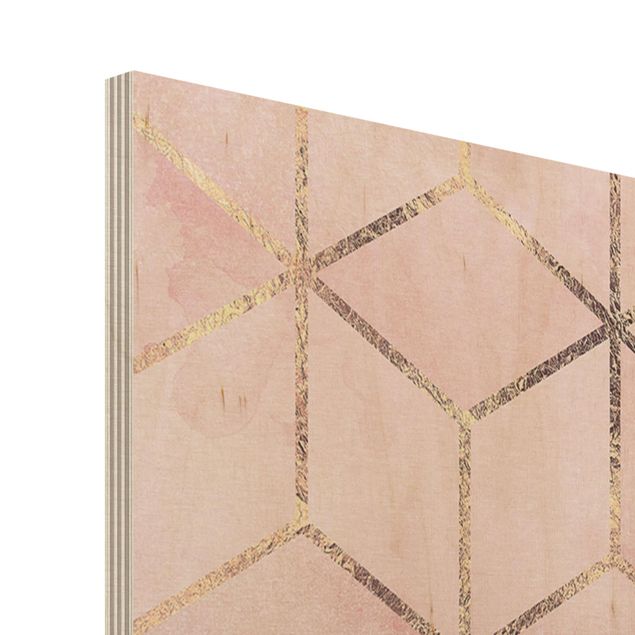 Print on wood - Pink Grey Golden Geometry