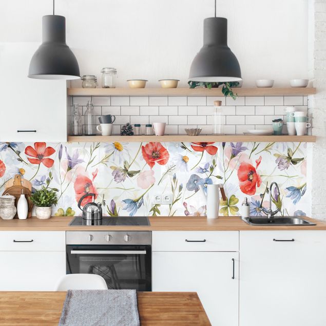Kitchen splashback patterns Watercolour Poppy With Cloverleaf