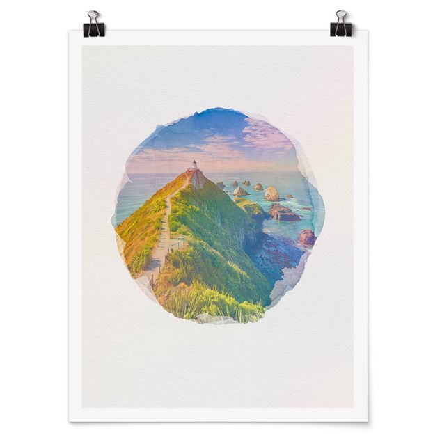 Poster - WaterColours - Nugget Point Lighthouse And Sea New Zealand